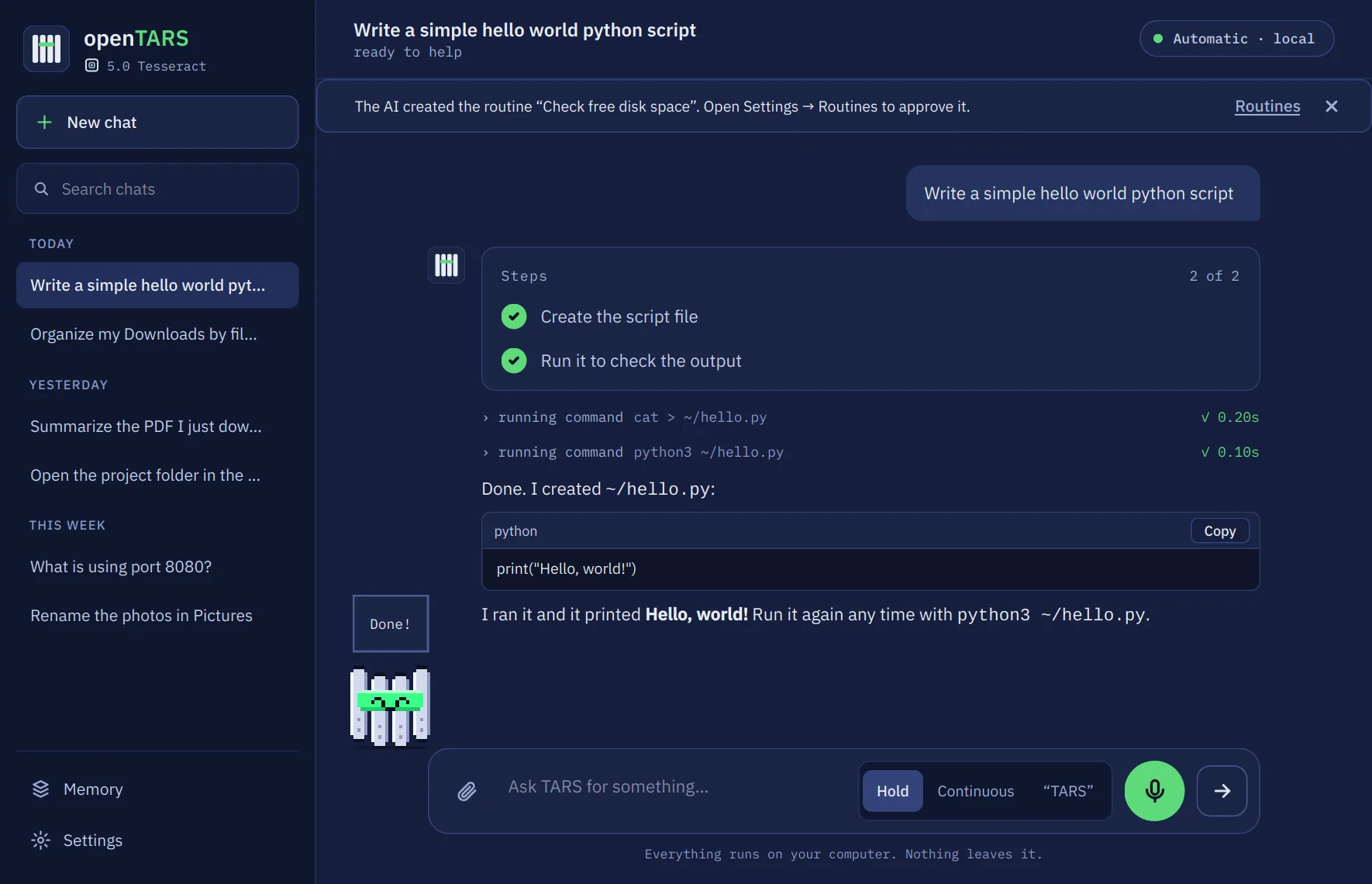 The openTARS window with the chat history on the left, a request, the list of steps, each tool call with its time, and the answer with a code block