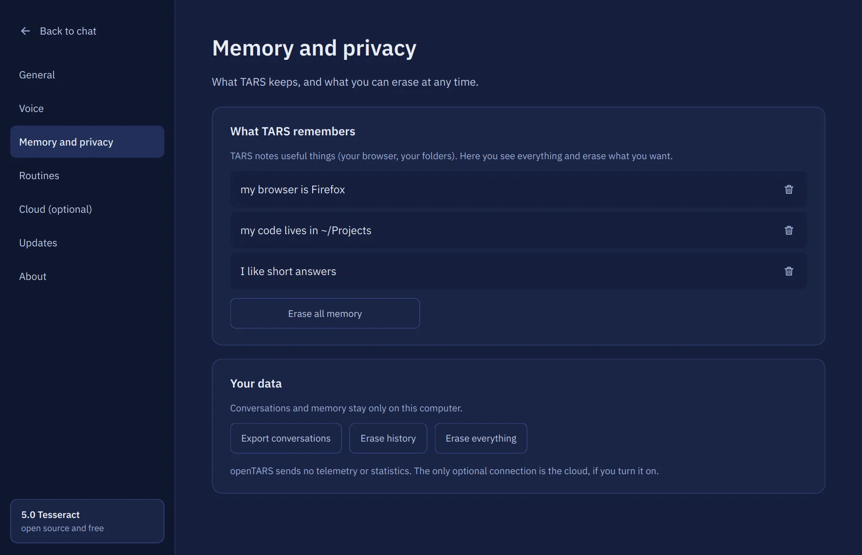 Settings page for memory and privacy