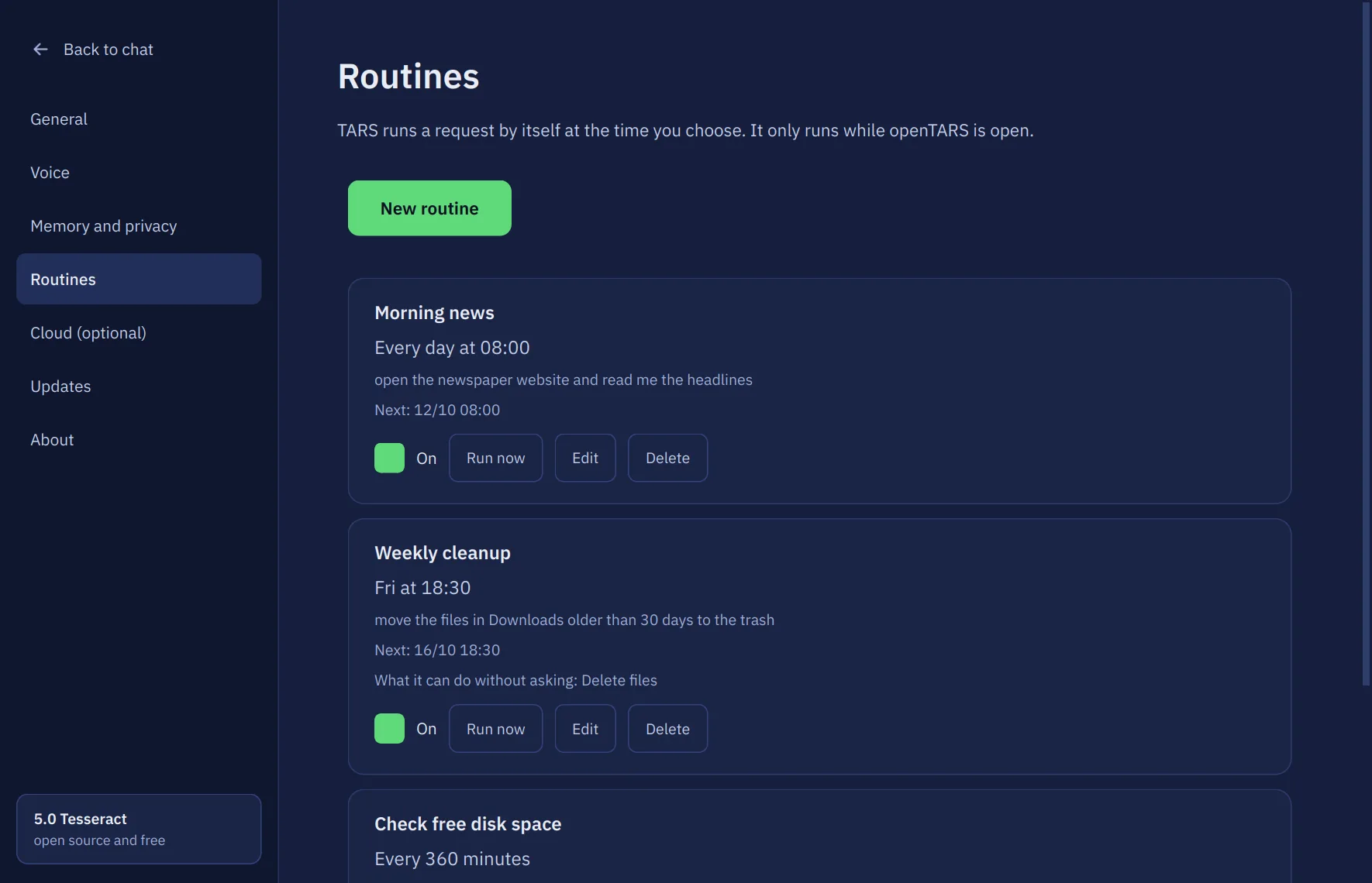 Settings page listing scheduled routines
