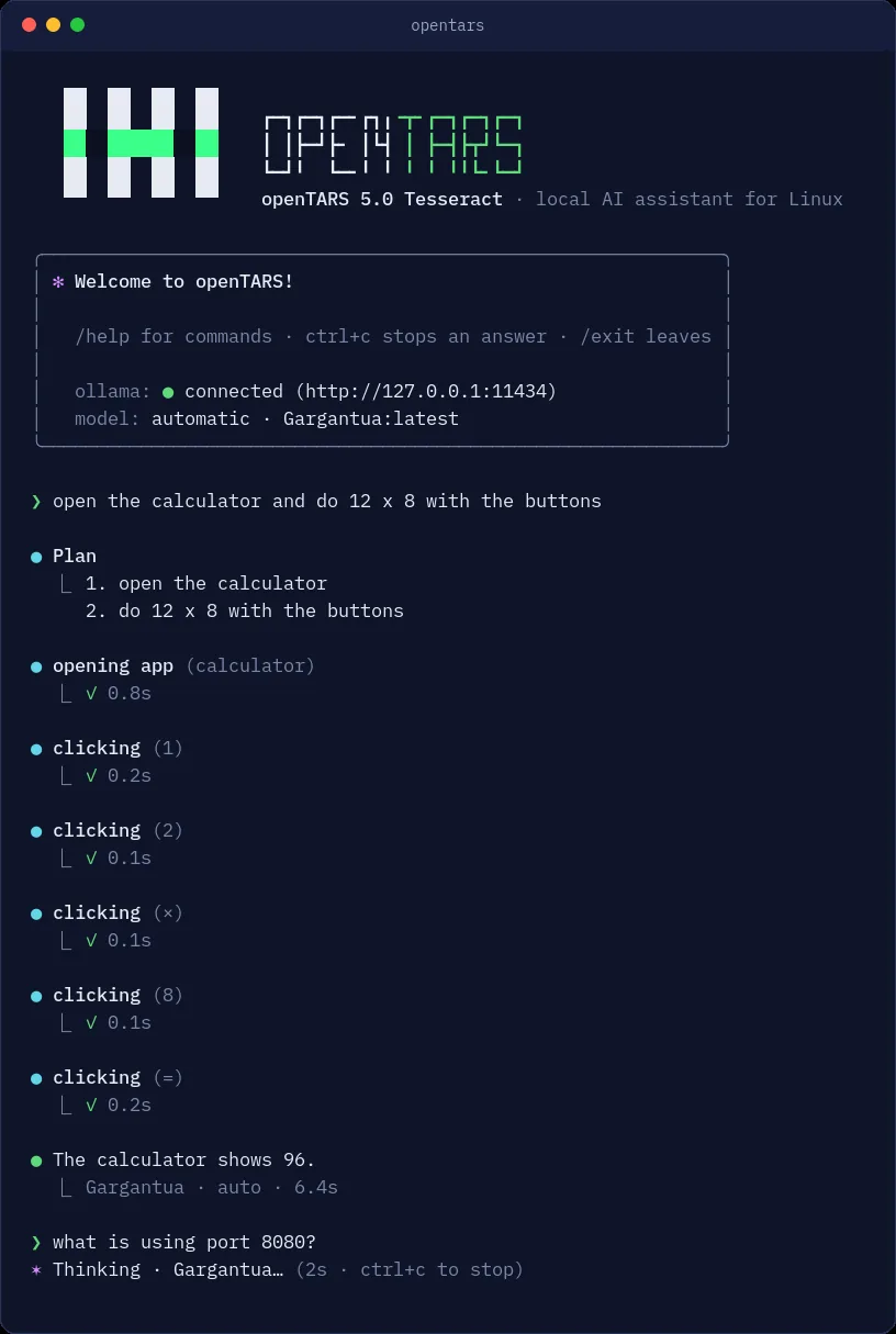 The openTARS terminal with the welcome panel, tool steps and their results