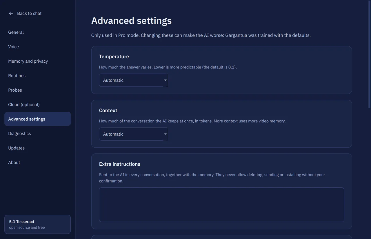 Settings, Advanced: temperature, context size and extra instructions
